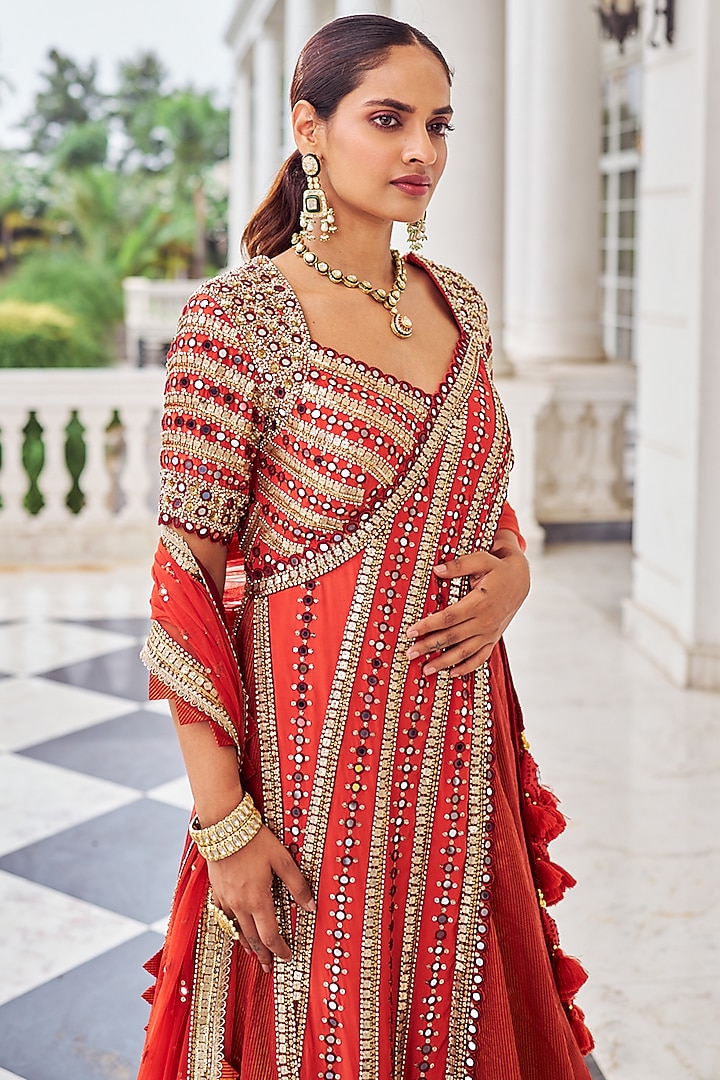 Rust Crepe & Stripe Chanderi Embroidered Wedding Lehenga Set by Nidhika Shekhar at Pernia's Pop Up Shop