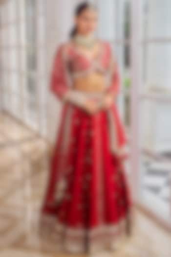 Red Georgette Sequins Embellished Wedding Lehenga Set by Nidhika Shekhar at Pernia's Pop Up Shop
