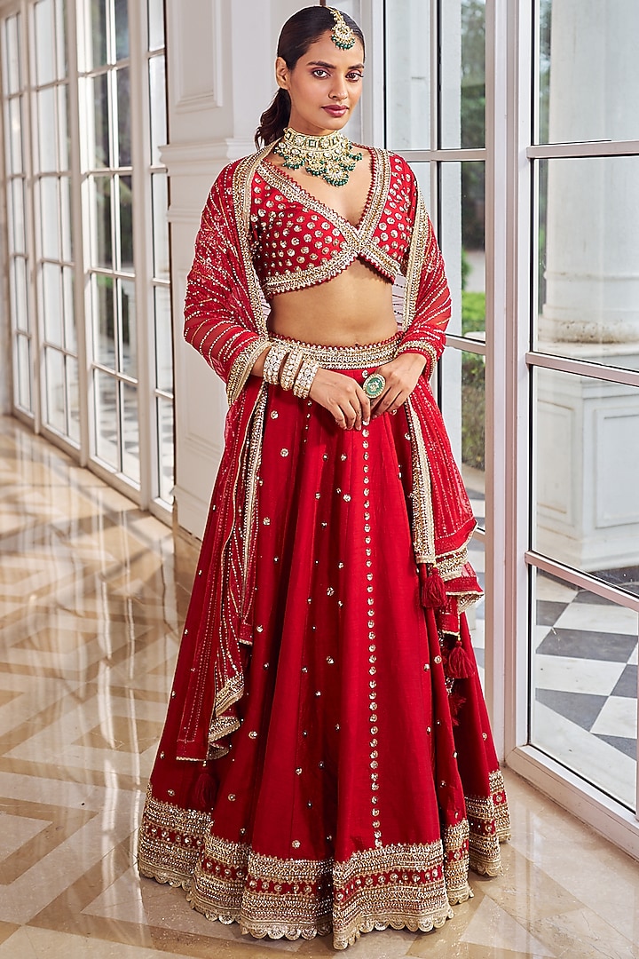 Red Georgette Sequins Embellished Wedding Lehenga Set by Nidhika Shekhar at Pernia's Pop Up Shop