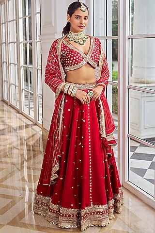 Red Georgette Sequins Embellished Lehenga Set by Nidhika Shekhar