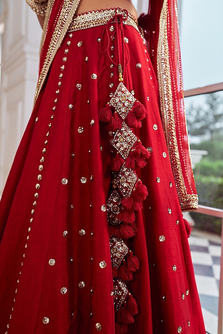 Red Georgette Sequins Embellished Wedding Lehenga Set by Nidhika Shekhar at Pernia's Pop Up Shop