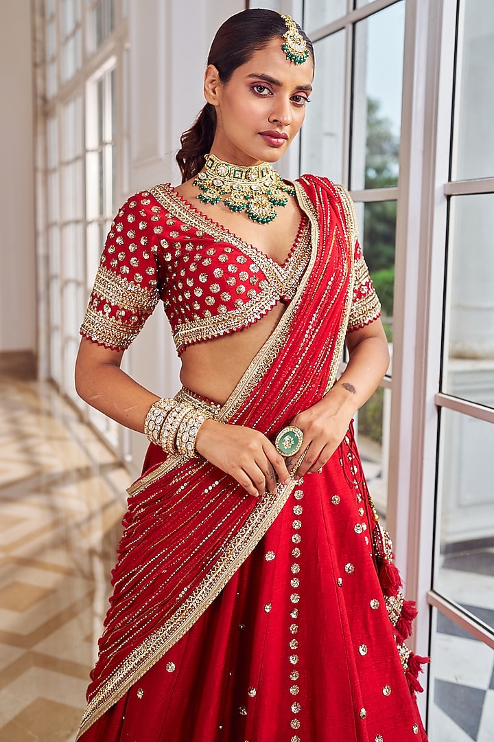 Red Georgette Sequins Embellished Wedding Lehenga Set by Nidhika Shekhar at Pernia's Pop Up Shop