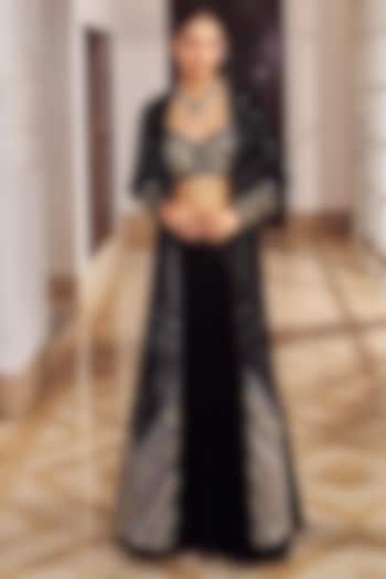 Black Crepe Embellished Jacket Wedding Lehenga Set by Nidhika Shekhar at Pernia's Pop Up Shop