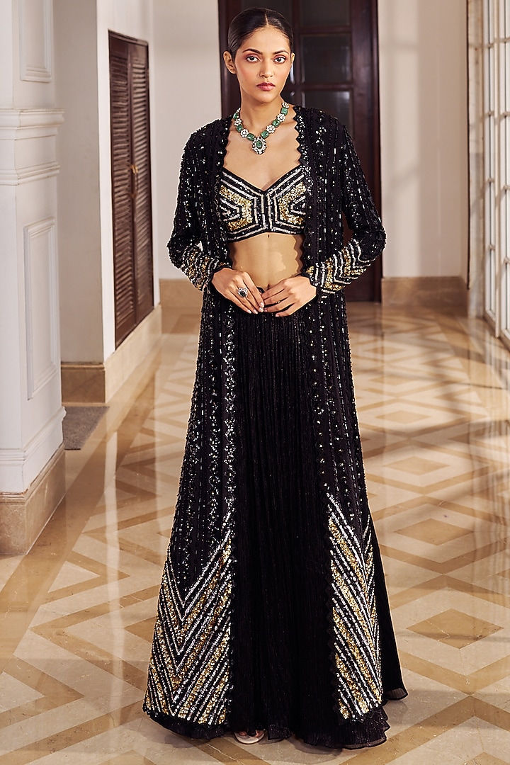 Black Crepe Embellished Jacket Wedding Lehenga Set by Nidhika Shekhar at Pernia's Pop Up Shop