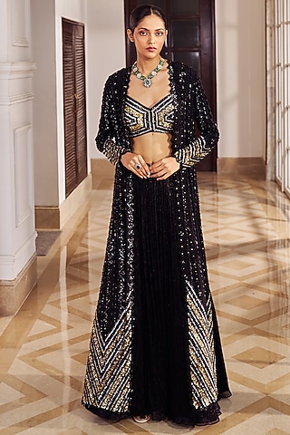 Black Crepe Embellished Jacket Lehenga Set by Nidhika Shekhar