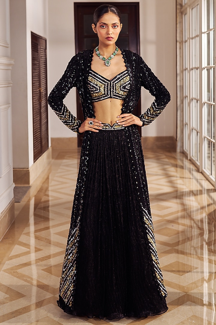Black Crepe Embellished Jacket Wedding Lehenga Set by Nidhika Shekhar at Pernia's Pop Up Shop
