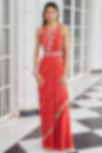 Rust Crepe Sequins Embellished Skirt Wedding Saree Set by Nidhika Shekhar at Pernia's Pop Up Shop