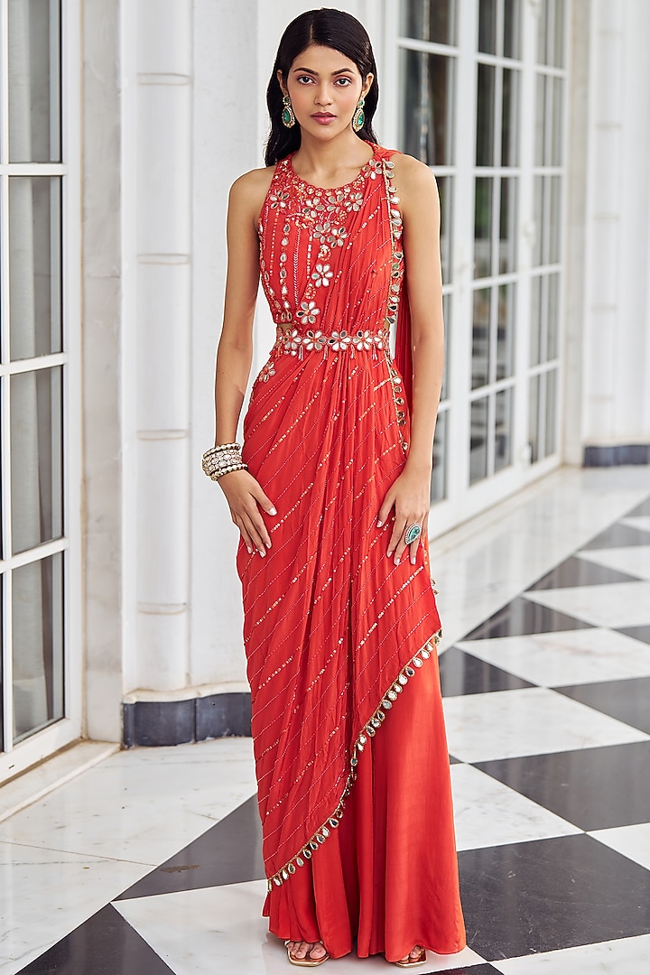 Rust Crepe Sequins Embellished Skirt Wedding Saree Set by Nidhika Shekhar at Pernia's Pop Up Shop