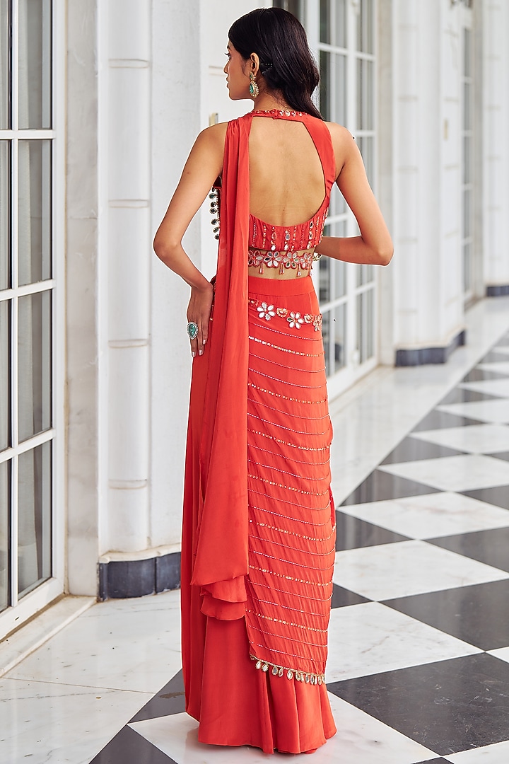 Rust Crepe Sequins Embellished Skirt Wedding Saree Set by Nidhika Shekhar at Pernia's Pop Up Shop