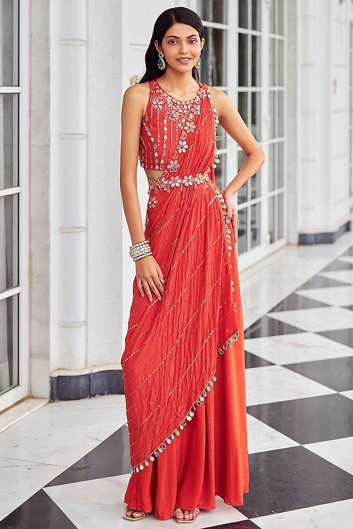 Rust Crepe Sequins Embellished Skirt Wedding Saree Set by Nidhika Shekhar at Pernia's Pop Up Shop