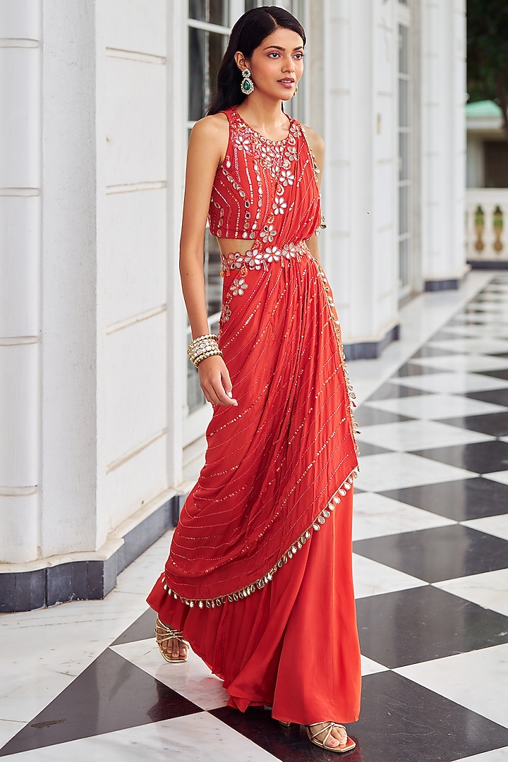 Rust Crepe Sequins Embellished Skirt Wedding Saree Set by Nidhika Shekhar at Pernia's Pop Up Shop
