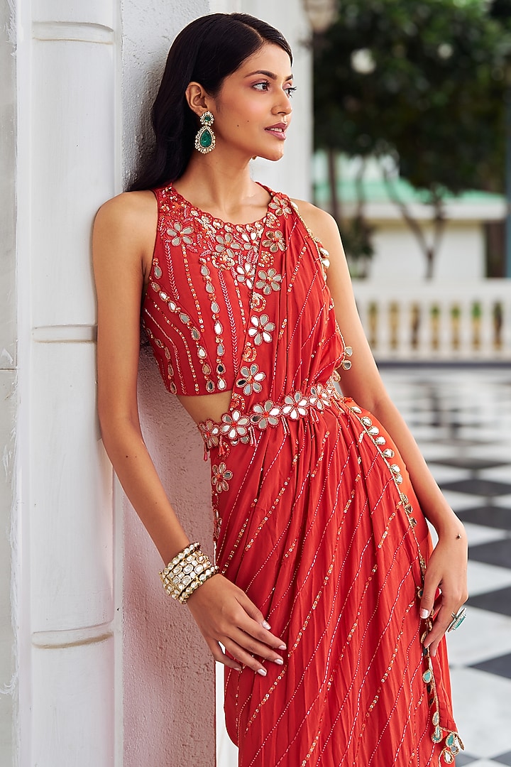 Rust Crepe Sequins Embellished Skirt Wedding Saree Set by Nidhika Shekhar at Pernia's Pop Up Shop