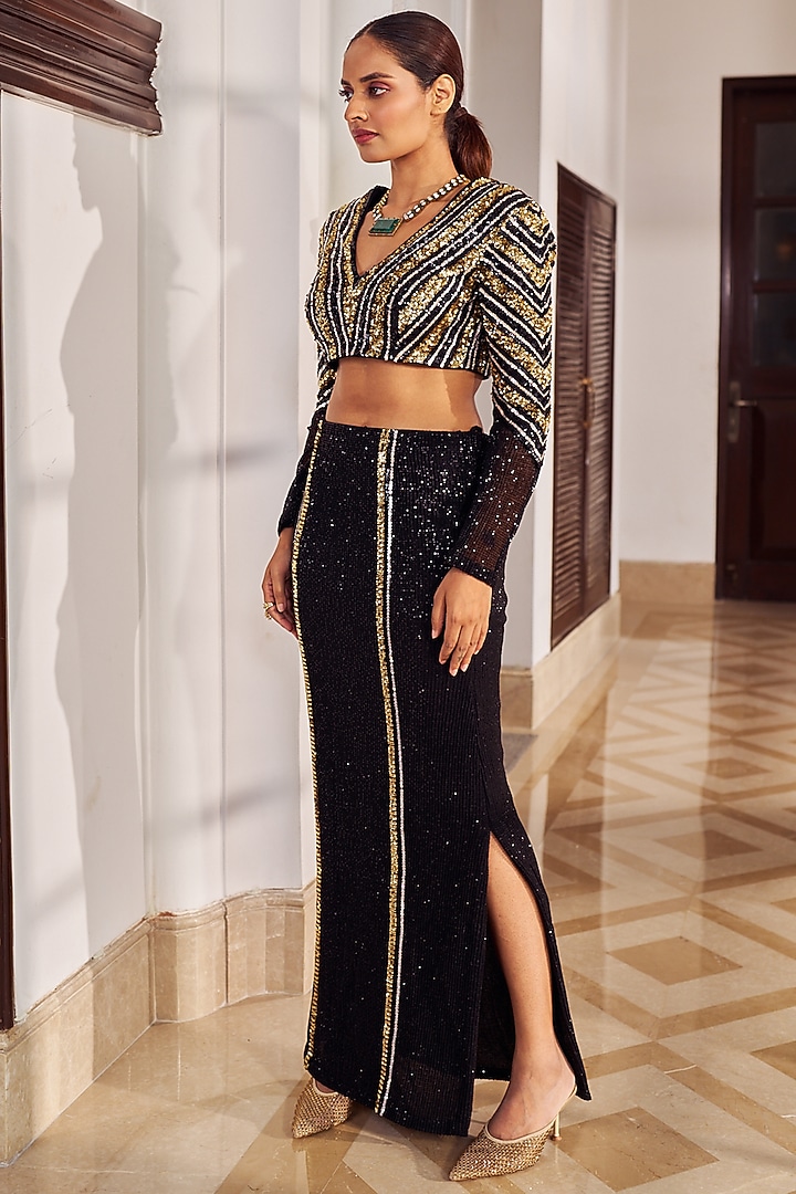 Black Sequins Fabric Skirt Set by Nidhika Shekhar at Pernia's Pop Up Shop