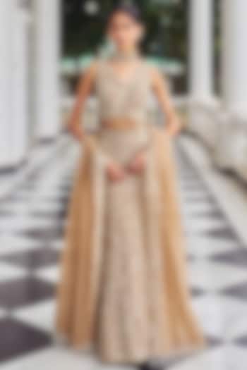 Beige Organza Mirror Embroidered Wedding Lehenga Set by Nidhika Shekhar at Pernia's Pop Up Shop