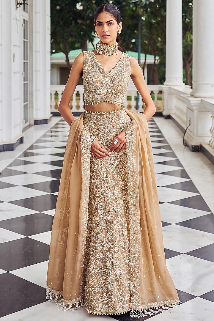 Beige Organza Mirror Embroidered Wedding Lehenga Set by Nidhika Shekhar at Pernia's Pop Up Shop
