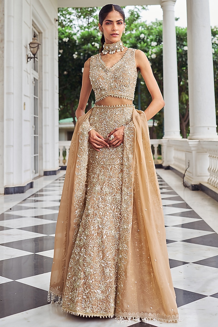 Beige Organza Mirror Embroidered Wedding Lehenga Set by Nidhika Shekhar at Pernia's Pop Up Shop