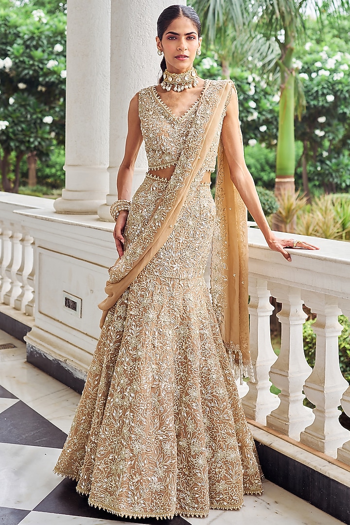 Beige Organza Mirror Embroidered Wedding Lehenga Set by Nidhika Shekhar at Pernia's Pop Up Shop