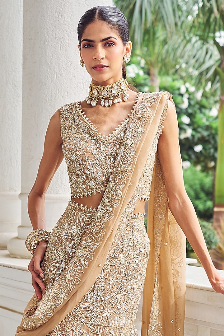Beige Organza Mirror Embroidered Wedding Lehenga Set by Nidhika Shekhar at Pernia's Pop Up Shop