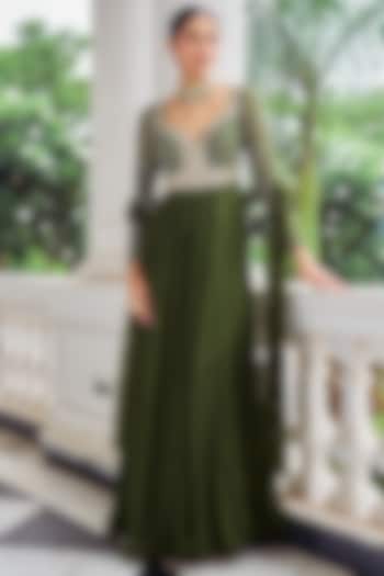 Mehendi Green Georgette Sequins Embroidered Wedding Anarkali Set by Nidhika Shekhar at Pernia's Pop Up Shop