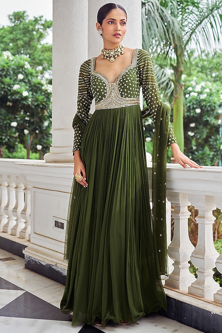 Mehendi Green Georgette Sequins Embroidered Wedding Anarkali Set by Nidhika Shekhar at Pernia's Pop Up Shop