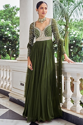 Mehendi Green Georgette Sequins Embroidered Anarkali Set by Nidhika Shekhar
