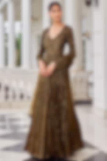 Copper Georgette Sequins Embroidered Bridal Anarkali Set by Nidhika Shekhar at Pernia's Pop Up Shop