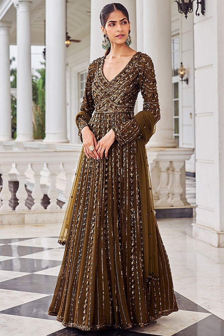 Copper Georgette Sequins Embroidered Bridal Anarkali Set by Nidhika Shekhar at Pernia's Pop Up Shop