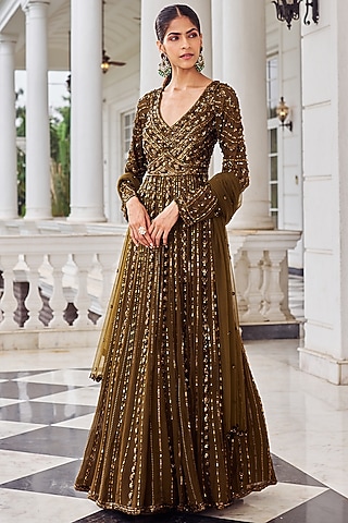 Copper Georgette Sequins Embroidered Anarkali Set by Nidhika Shekhar