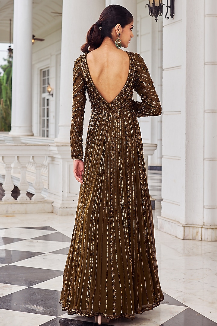 Copper Georgette Sequins Embroidered Bridal Anarkali Set by Nidhika Shekhar at Pernia's Pop Up Shop