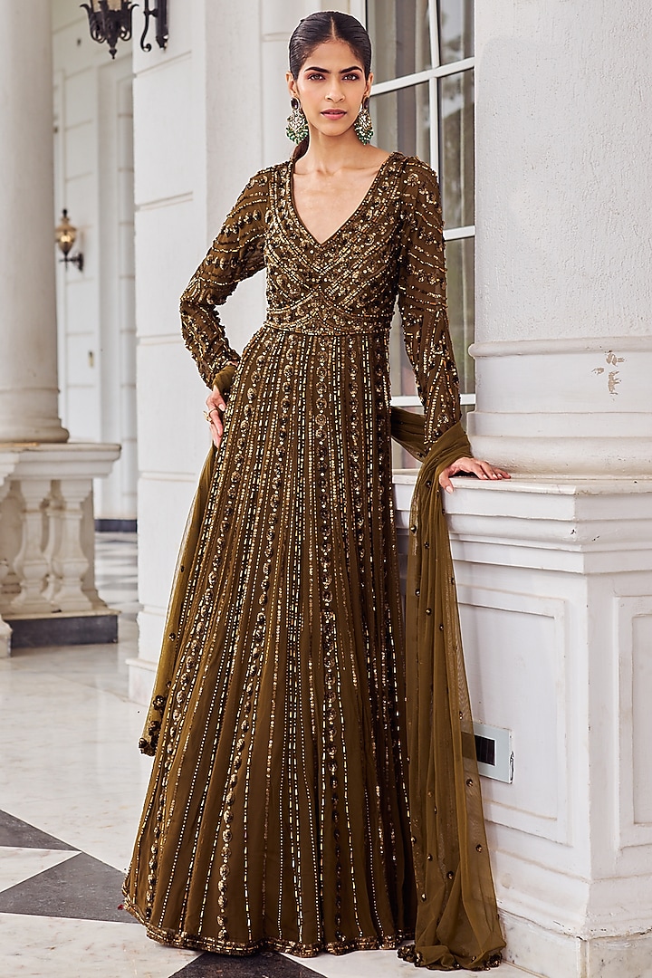 Copper Georgette Sequins Embroidered Bridal Anarkali Set by Nidhika Shekhar at Pernia's Pop Up Shop