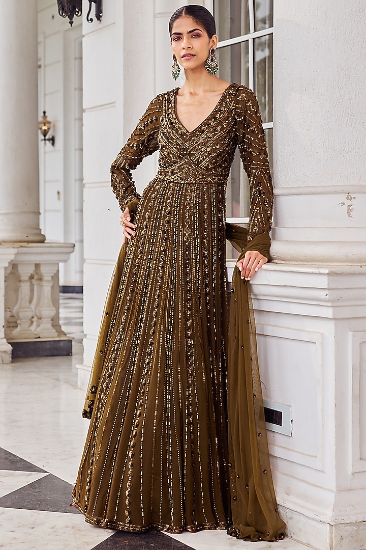 Copper Georgette Sequins Embroidered Bridal Anarkali Set by Nidhika Shekhar at Pernia's Pop Up Shop