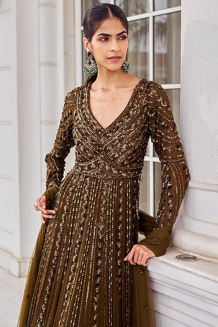 Copper Georgette Sequins Embroidered Bridal Anarkali Set by Nidhika Shekhar at Pernia's Pop Up Shop