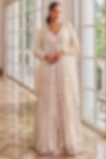 Champagne Net & Georgette Wedding Lehenga Set by Nidhika Shekhar at Pernia's Pop Up Shop