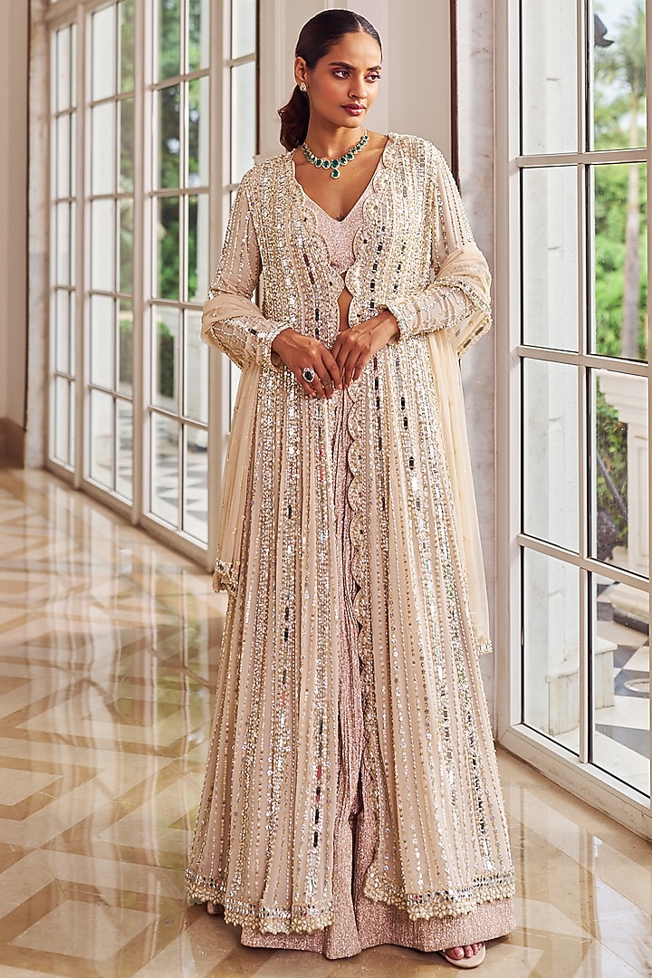 Champagne Net & Georgette Wedding Lehenga Set by Nidhika Shekhar at Pernia's Pop Up Shop