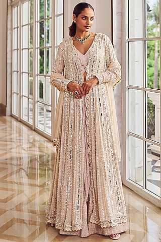 Champagne Net & Georgette Lehenga Set by Nidhika Shekhar