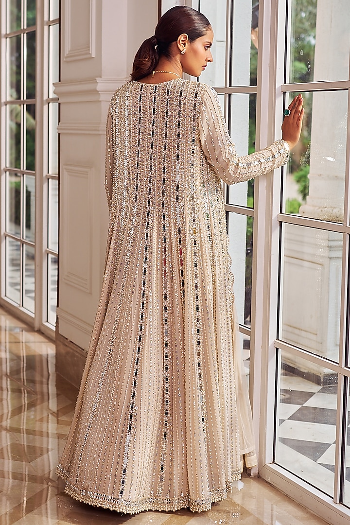 Champagne Net & Georgette Wedding Lehenga Set by Nidhika Shekhar at Pernia's Pop Up Shop