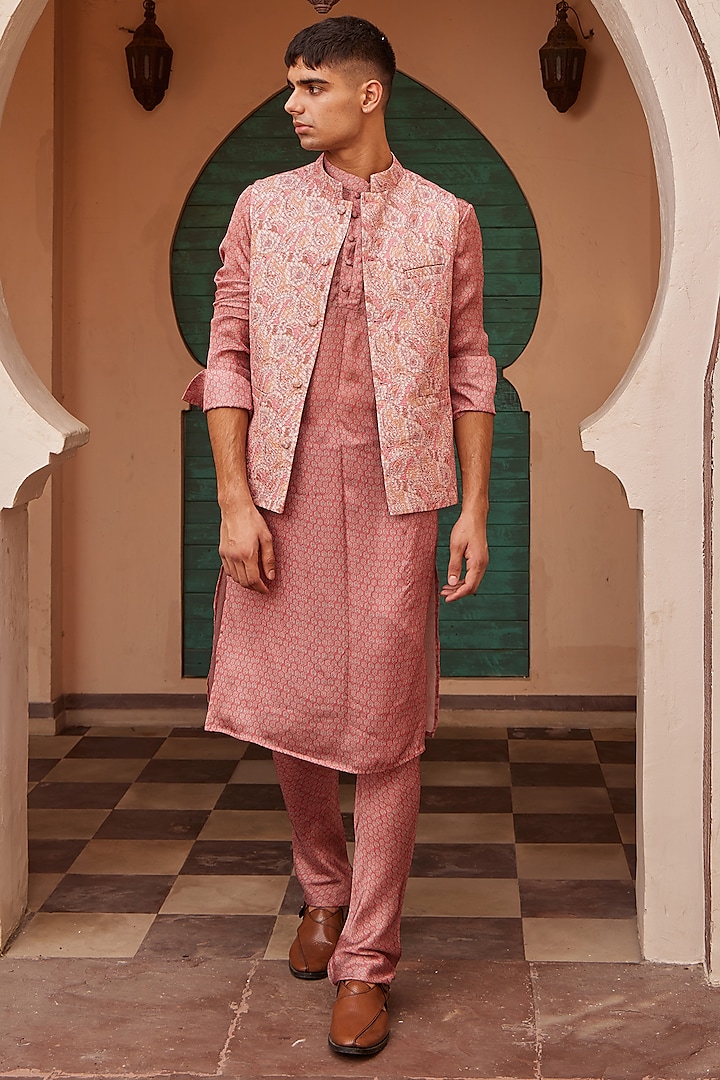 Pink Modal Satin Printed Bundi Jacket Set by Nidhika Shekhar Men