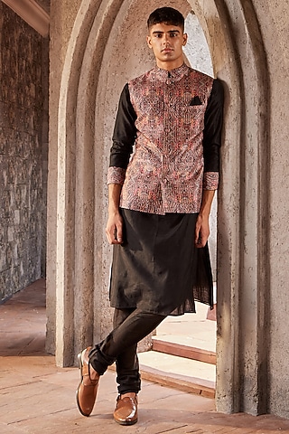 Multi-Colored Voile Printed Bundi Jacket Set by Nidhika Shekhar Men
