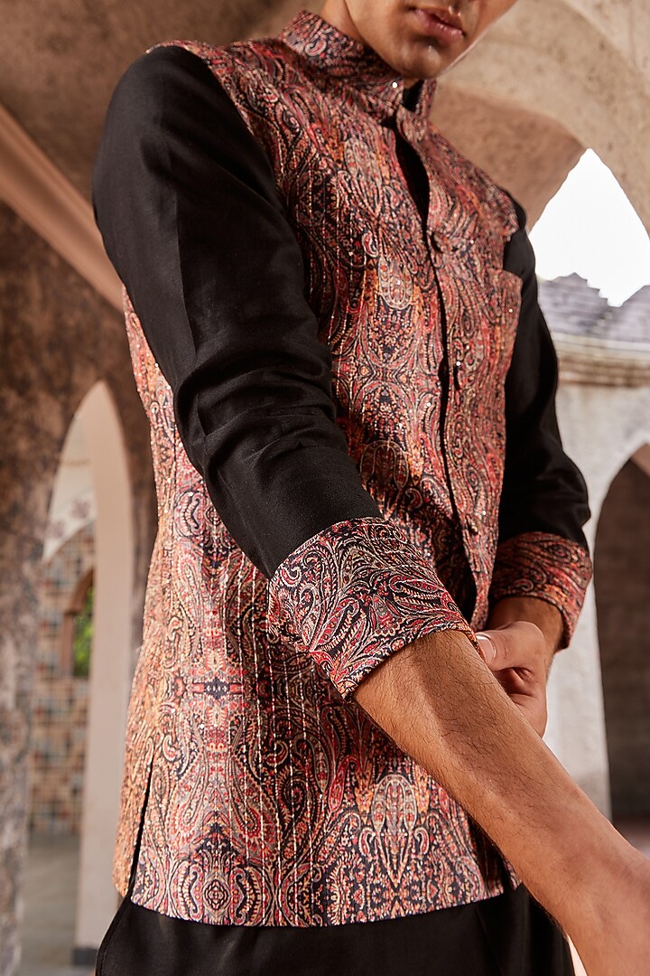 Multi-Colored Voile Printed Bundi Jacket Set by Nidhika Shekhar Men at Pernia's Pop Up Shop