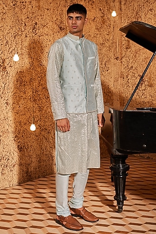 Aqua Silk Embroidered Bundi Jacket Set by Nidhika Shekhar Men