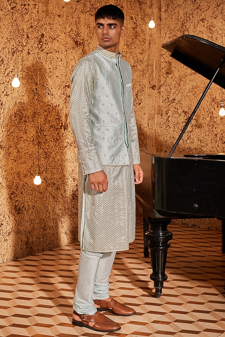 Aqua Silk Embroidered Bundi Jacket Set by Nidhika Shekhar Men at Pernia's Pop Up Shop