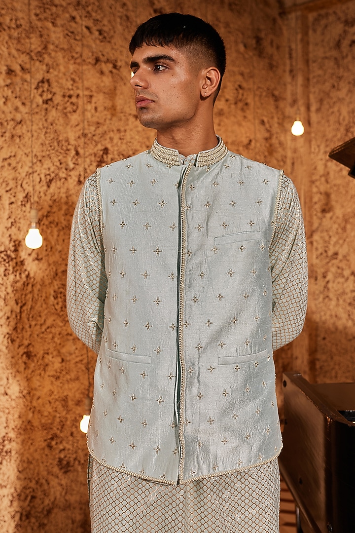 Aqua Silk Embroidered Bundi Jacket Set by Nidhika Shekhar Men at Pernia's Pop Up Shop