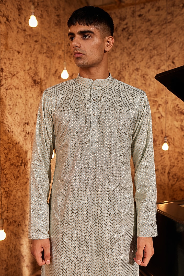 Aqua Butti Chanderi Kurta Set by Nidhika Shekhar Men at Pernia's Pop Up Shop