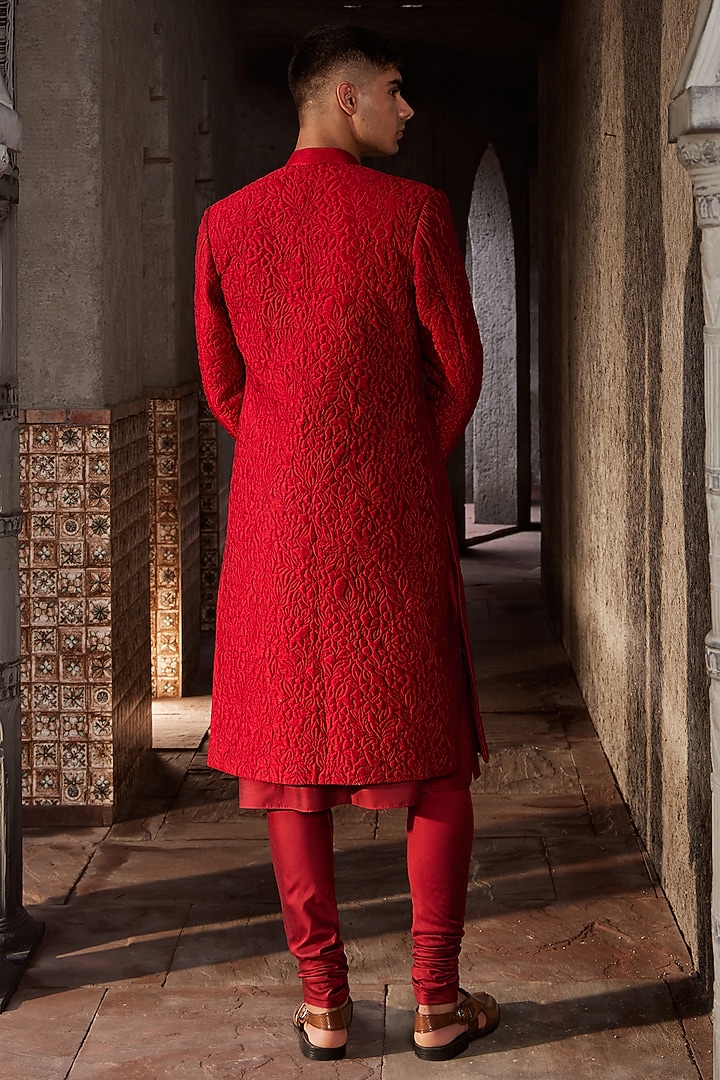 Red Silk & Chanderi Floral Quilted Wedding Sherwani Set by Nidhika Shekhar Men at Pernia's Pop Up Shop