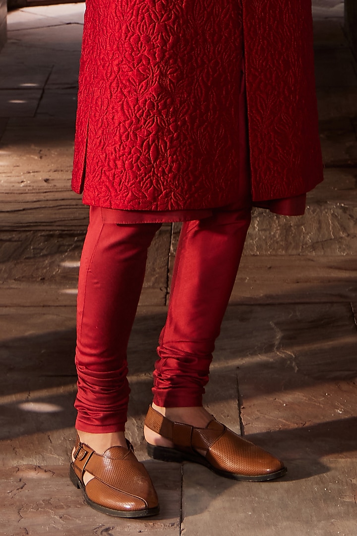 Red Silk & Chanderi Floral Quilted Wedding Sherwani Set by Nidhika Shekhar Men at Pernia's Pop Up Shop