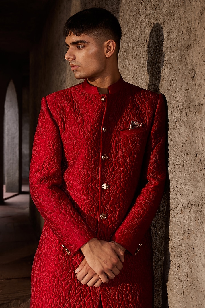 Red Silk & Chanderi Floral Quilted Wedding Sherwani Set by Nidhika Shekhar Men at Pernia's Pop Up Shop