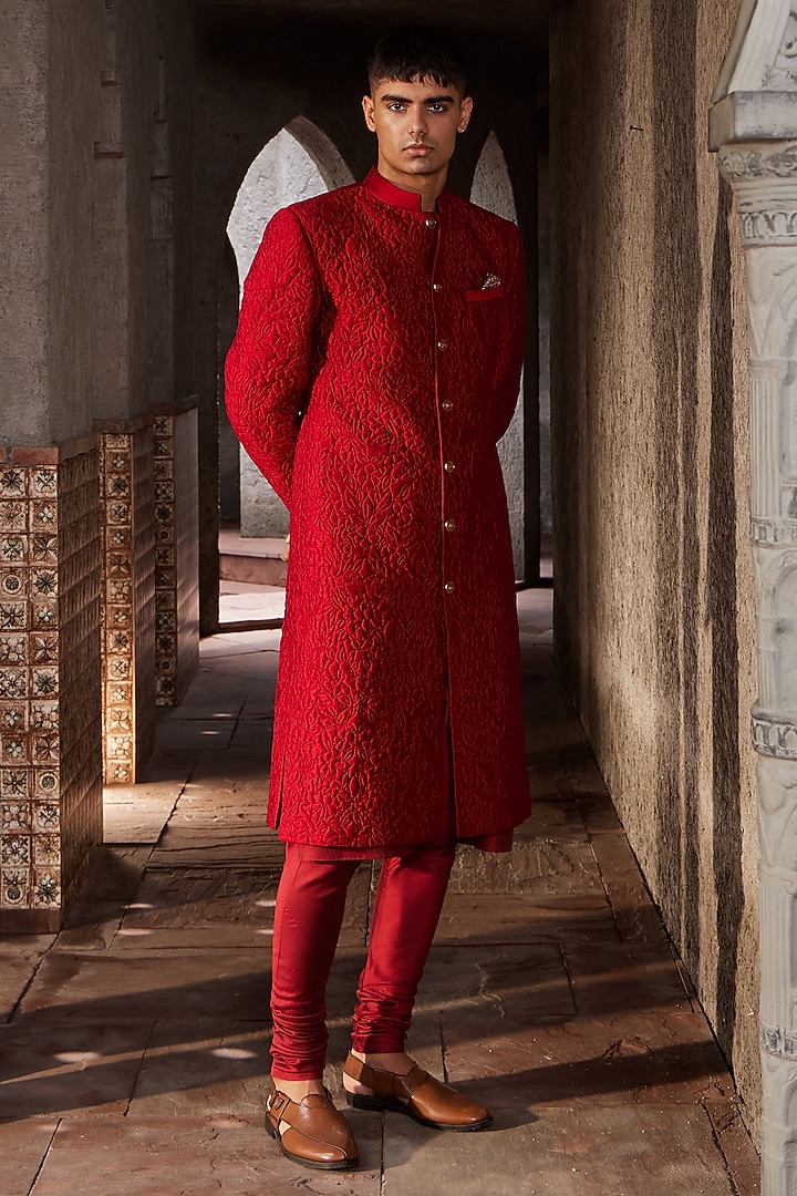 Red Silk & Chanderi Floral Quilted Wedding Sherwani Set by Nidhika Shekhar Men at Pernia's Pop Up Shop