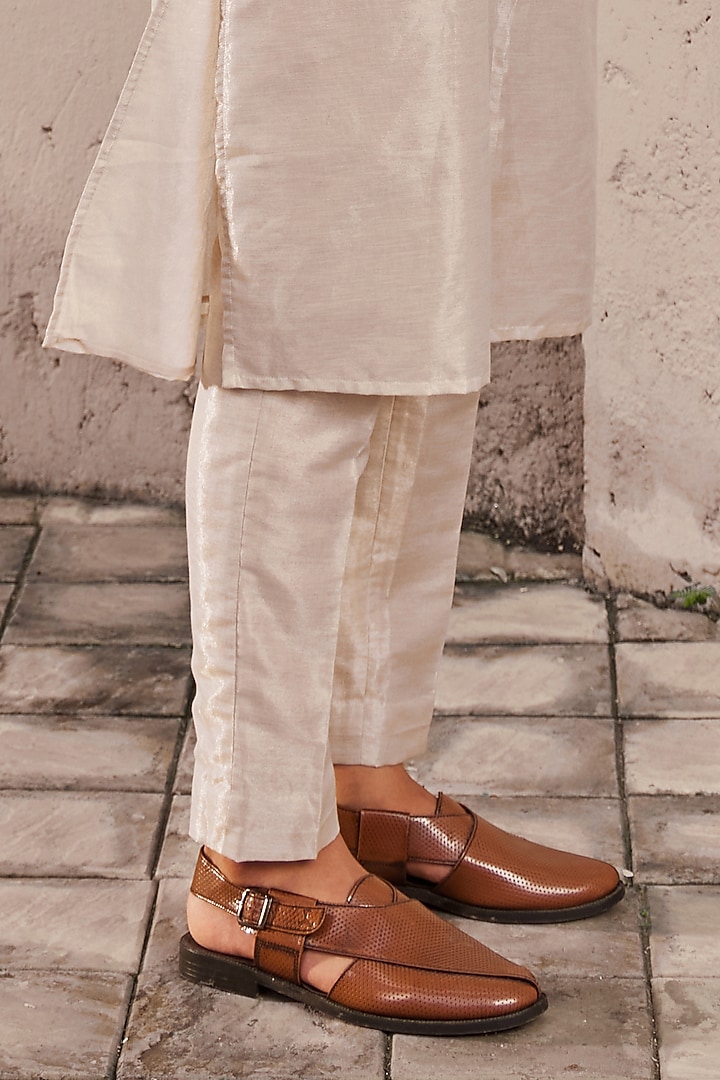 Golden Tissue Kurta Set by Nidhika Shekhar Men at Pernia's Pop Up Shop
