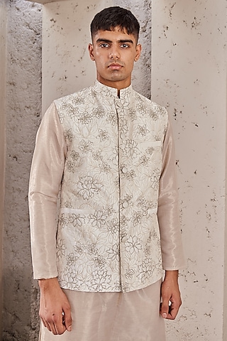Ivory Silk Machine Embroidered Bundi Jacket by Nidhika Shekhar Men