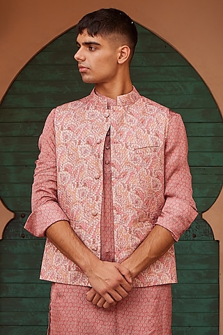 Pink Modal Satin Printed Bundi Jacket by Nidhika Shekhar Men
